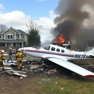 Scene of a plane crash in Simi Valley with damaged homes and firefighters responding.