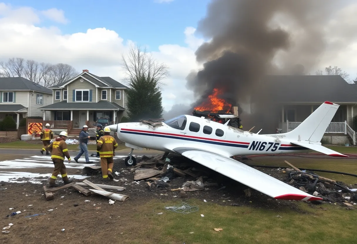 Scene of a plane crash in Simi Valley with damaged homes and firefighters responding.