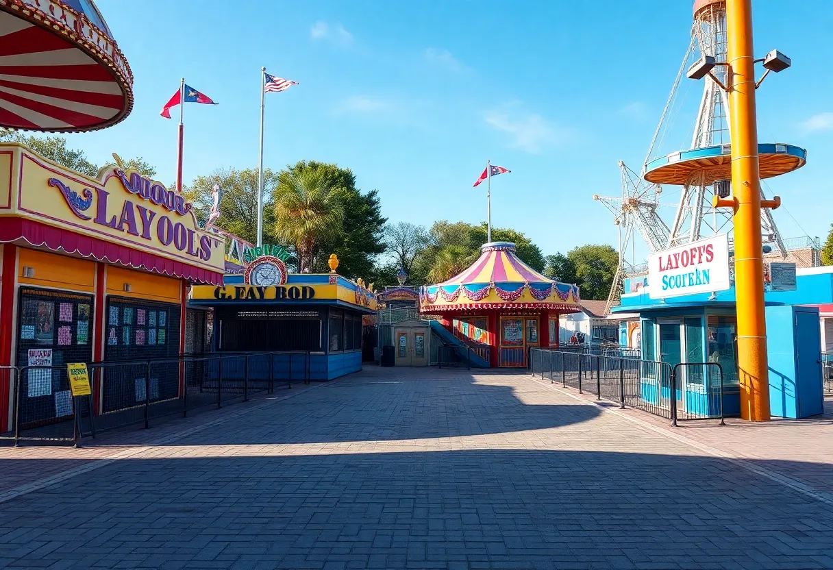 Empty amusement park rides at Six Flags reflecting recent layoffs