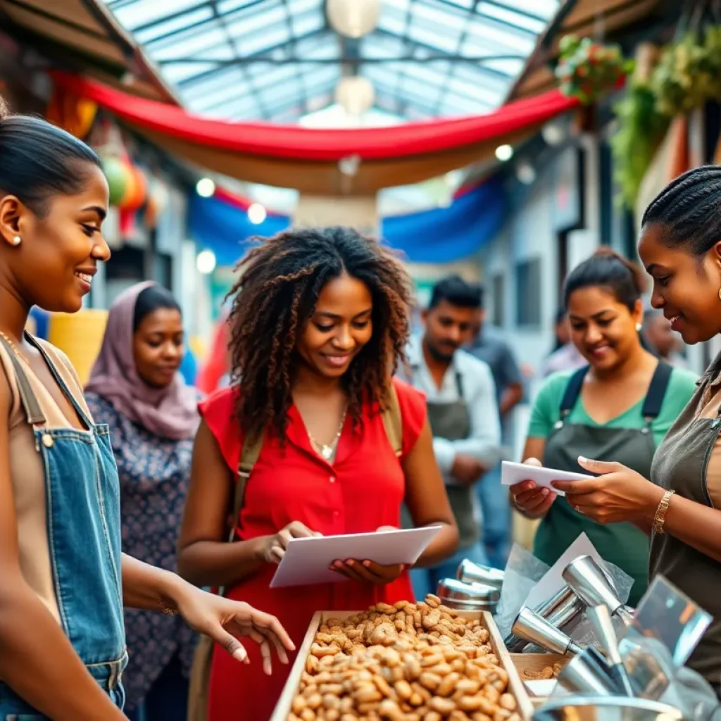 A diverse group of small business owners collaborating in a bustling marketplace.