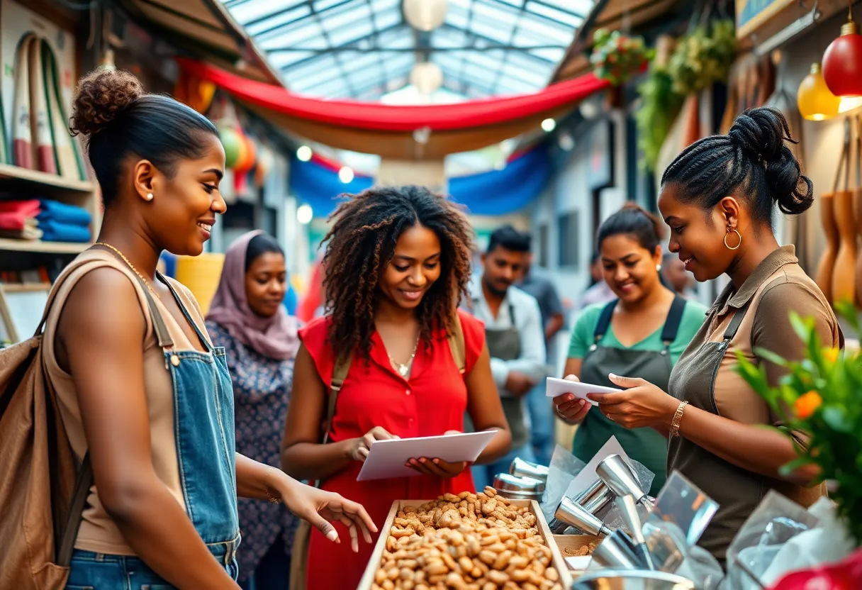 A diverse group of small business owners collaborating in a bustling marketplace.