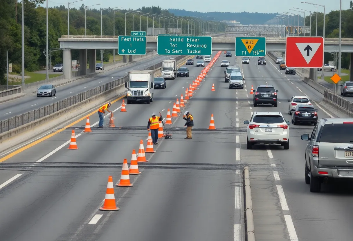 Maintenance work on State Route 163 with traffic cones