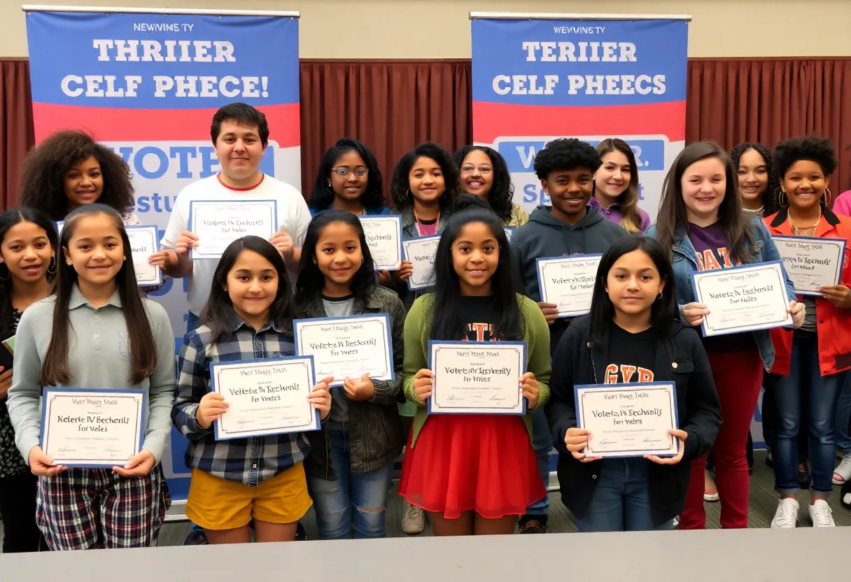 Students celebrating their achievements in voter registration