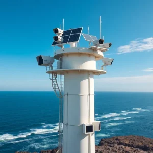Surveillance towers along the San Diego coastline equipped with advanced technology.