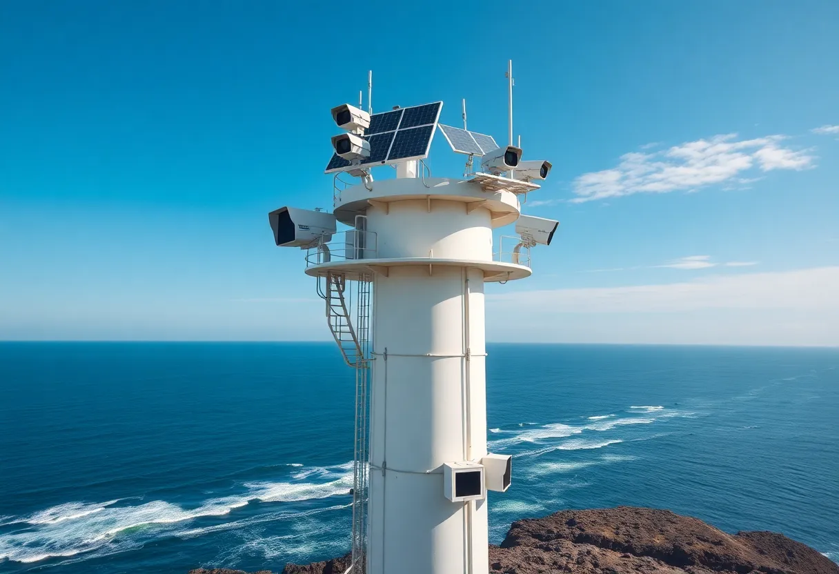 Surveillance towers along the San Diego coastline equipped with advanced technology.
