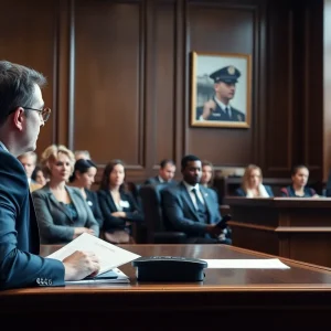 Courtroom scene depicting a trial related to police misconduct