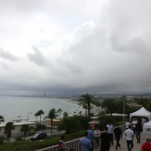 View of San Diego coastline with dark clouds indicating potential tropical storm.