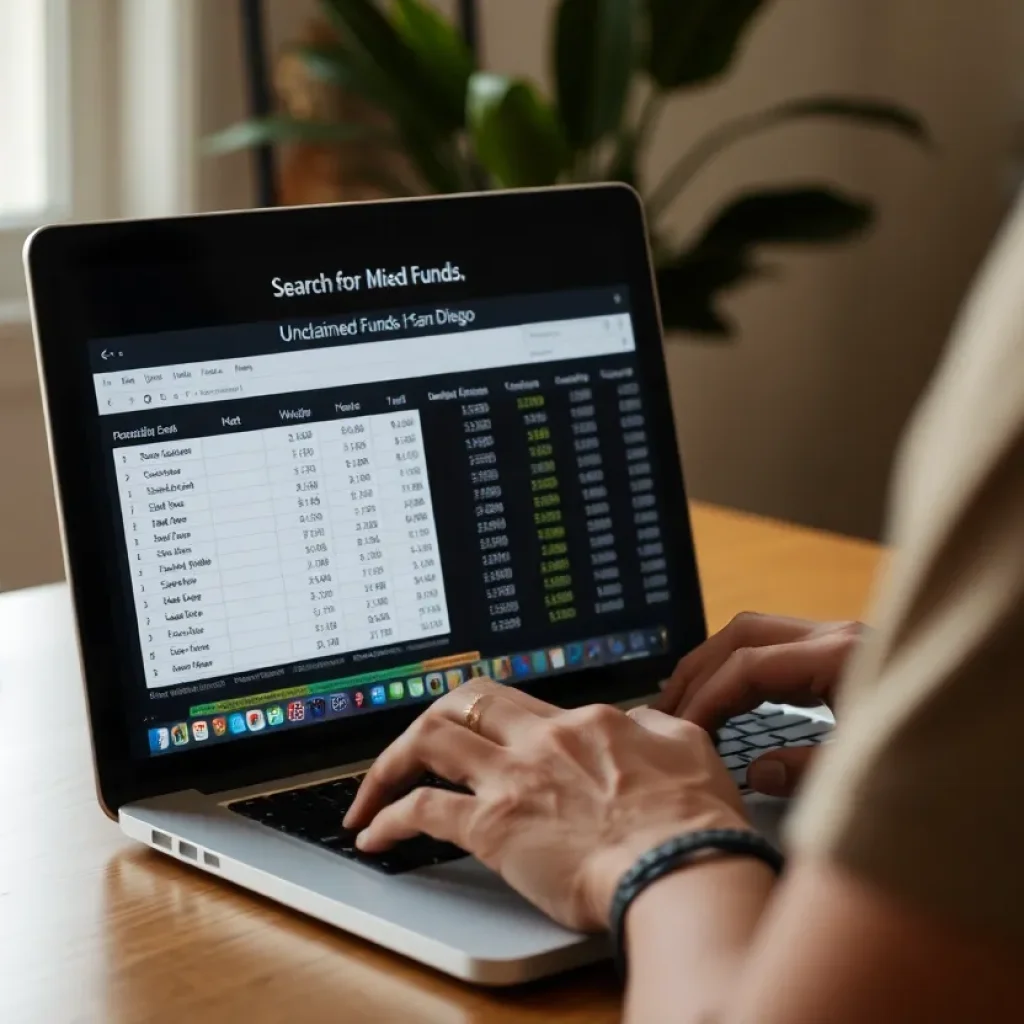 A person searching for unclaimed funds on a laptop with a financial spreadsheet visible.