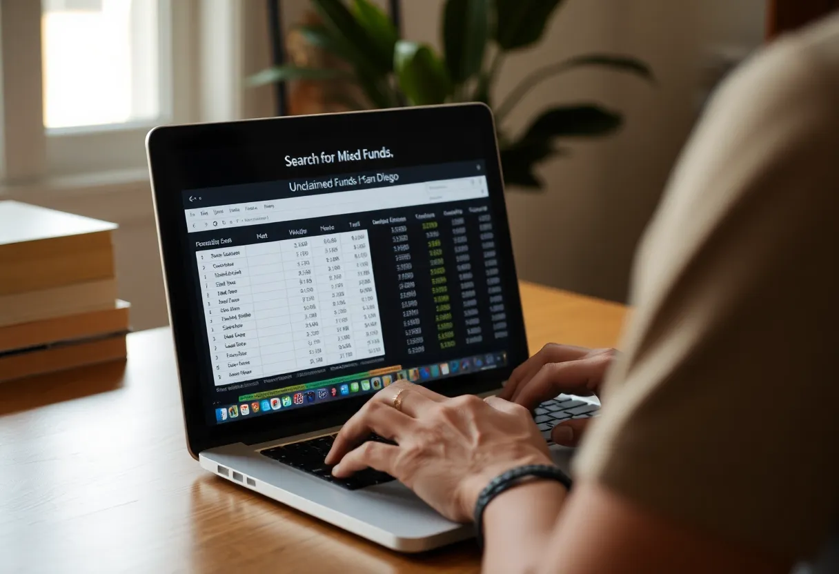 A person searching for unclaimed funds on a laptop with a financial spreadsheet visible.