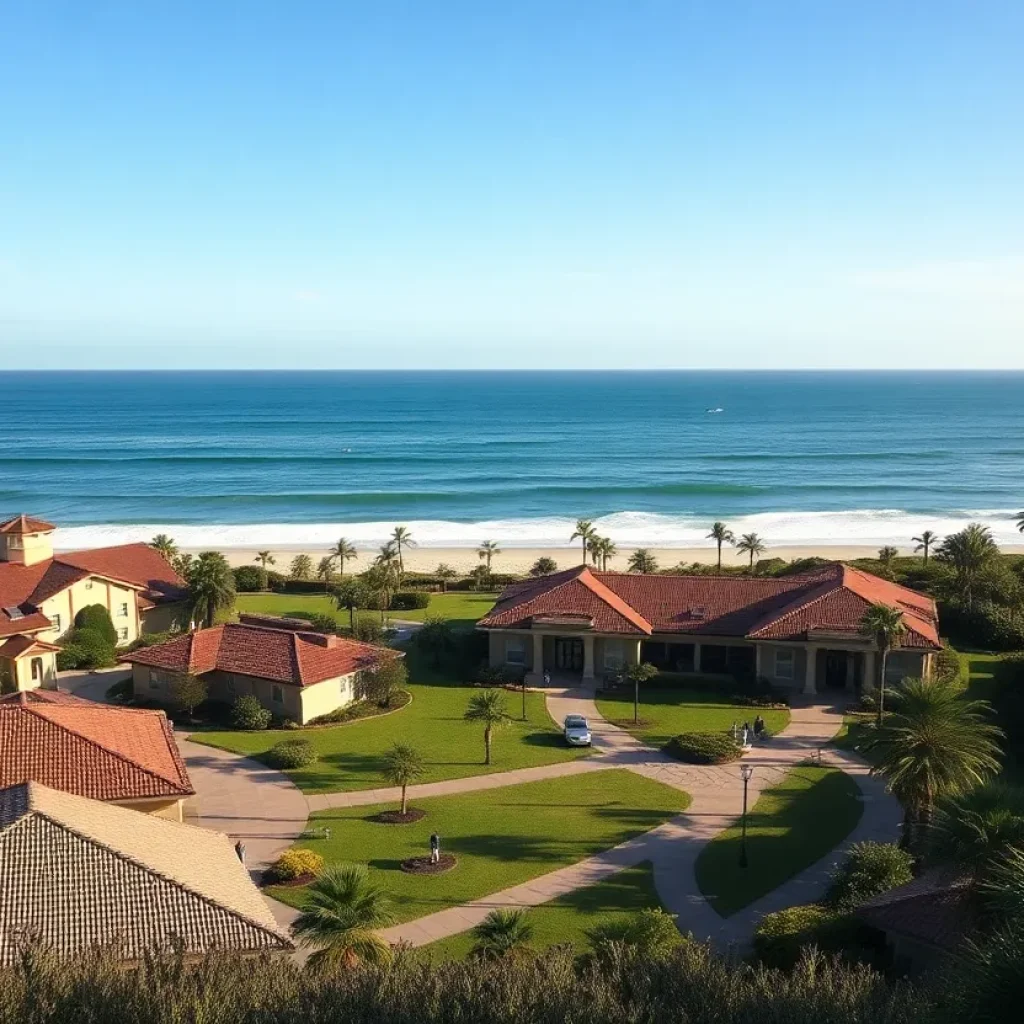 University campus near the beach with surfers in the ocean