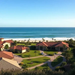 University campus near the beach with surfers in the ocean