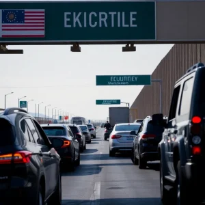 A busy U.S.-Mexico border crossing with security presence