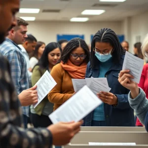 Voters participating in mail-in voting at a polling location.