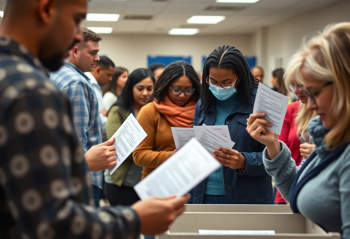 Voters participating in mail-in voting at a polling location.