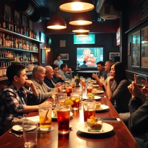 Interior of The Whiskey House during happy hour with patrons enjoying food and drinks