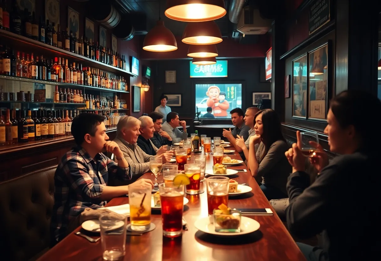 Interior of The Whiskey House during happy hour with patrons enjoying food and drinks