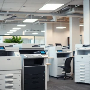 Office equipment and automation technology in a modern workspace.