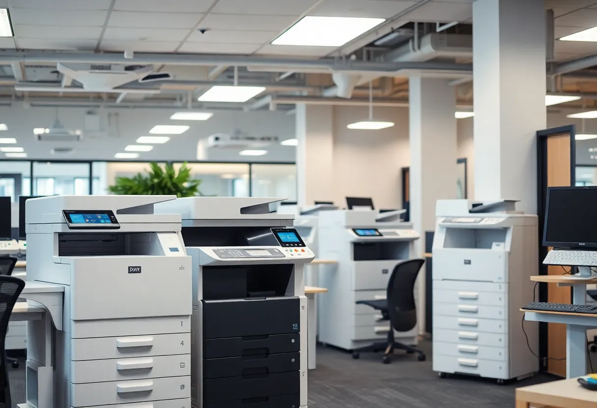 Office equipment and automation technology in a modern workspace.