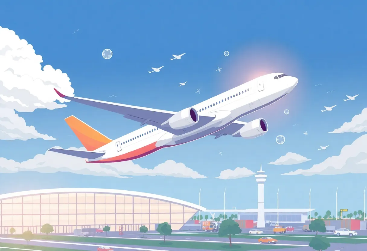 Airbus aircraft in flight with an airport in the background.