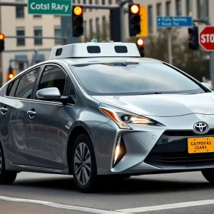 A Toyota Prius hybrid participating in autonomous vehicle testing in San Diego streets.