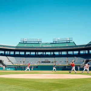 Players of a college baseball team playing on the field