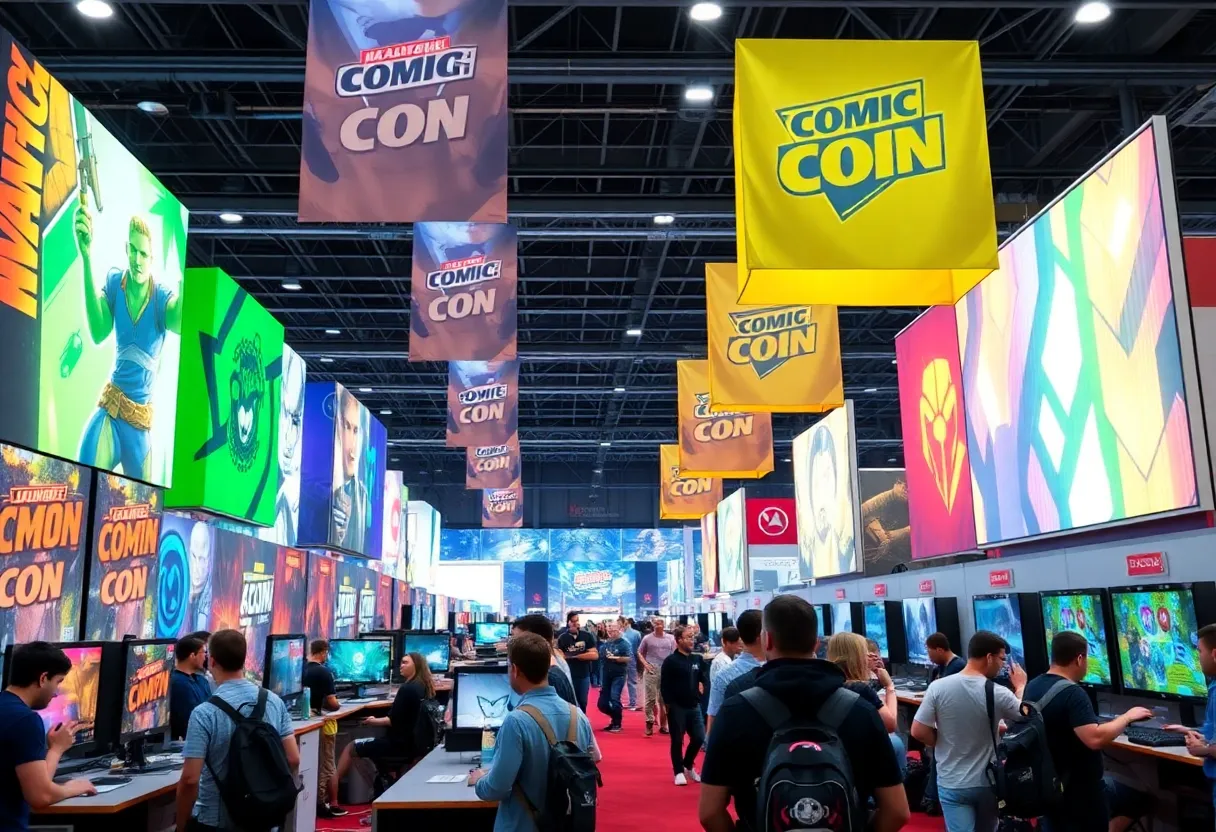Attendees engaging with gaming demos at Bandai Namco's Comic-Con booth