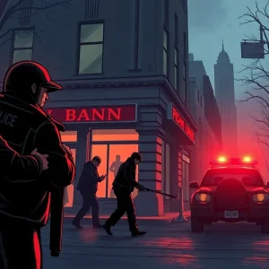 Dramatic illustration of a bank robbery scene with law enforcement.