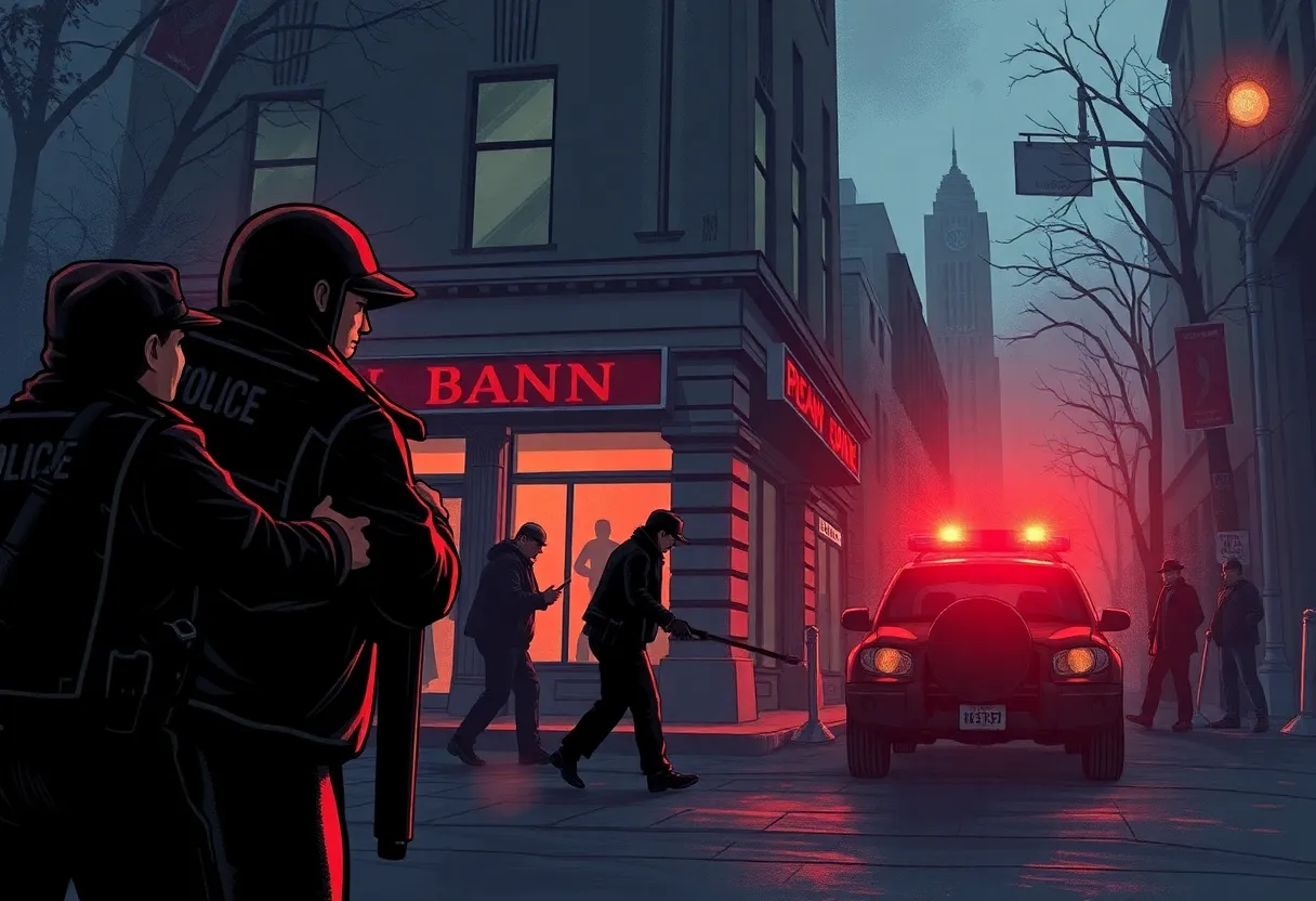 Dramatic illustration of a bank robbery scene with law enforcement.