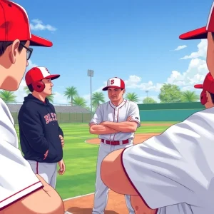 A collegiate baseball coach discussing strategies with players