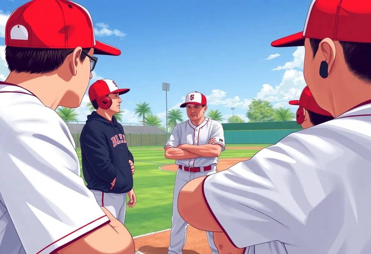 A collegiate baseball coach discussing strategies with players