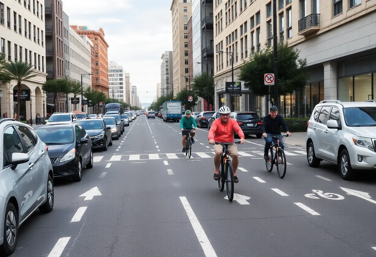 Cyclists in an urban bike lane amidst parked cars