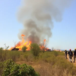 Firefighters battling the Border 10 Fire in a brush area.