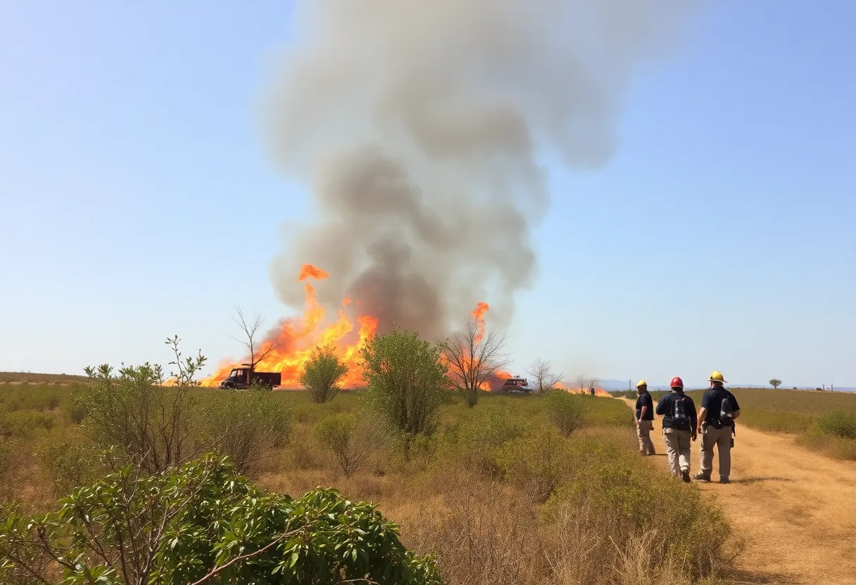 Firefighters battling the Border 10 Fire in a brush area.