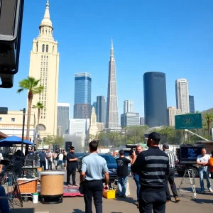 Film set in Los Angeles with crew members working