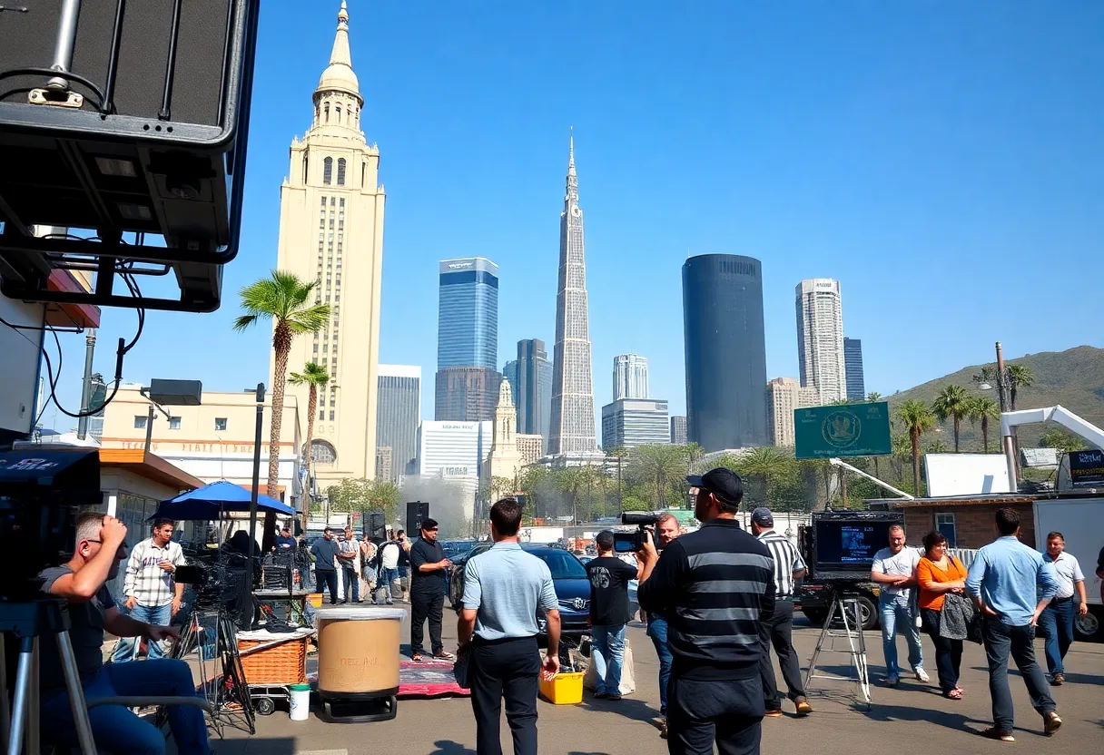 Film set in Los Angeles with crew members working