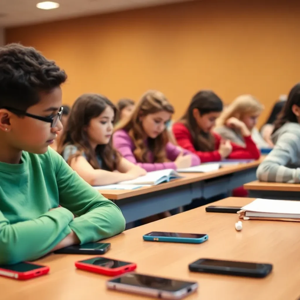 Students in a classroom focusing on their studies without cell phones.