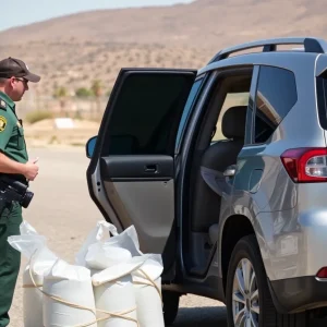 U.S. Border Patrol agent inspecting a vehicle for drug smuggling