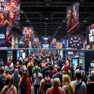 Crowds enjoying the Comic-Con 2024 convention with various franchise displays.
