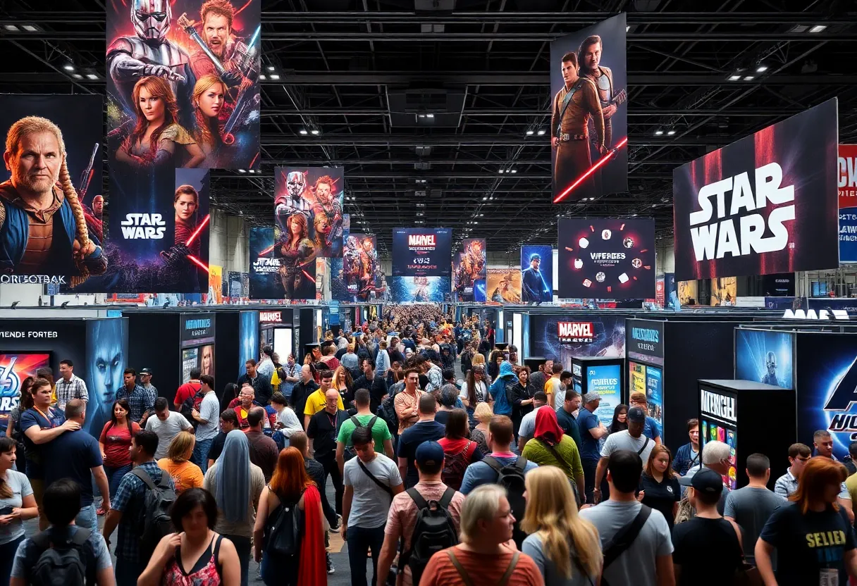 Crowds enjoying the Comic-Con 2024 convention with various franchise displays.
