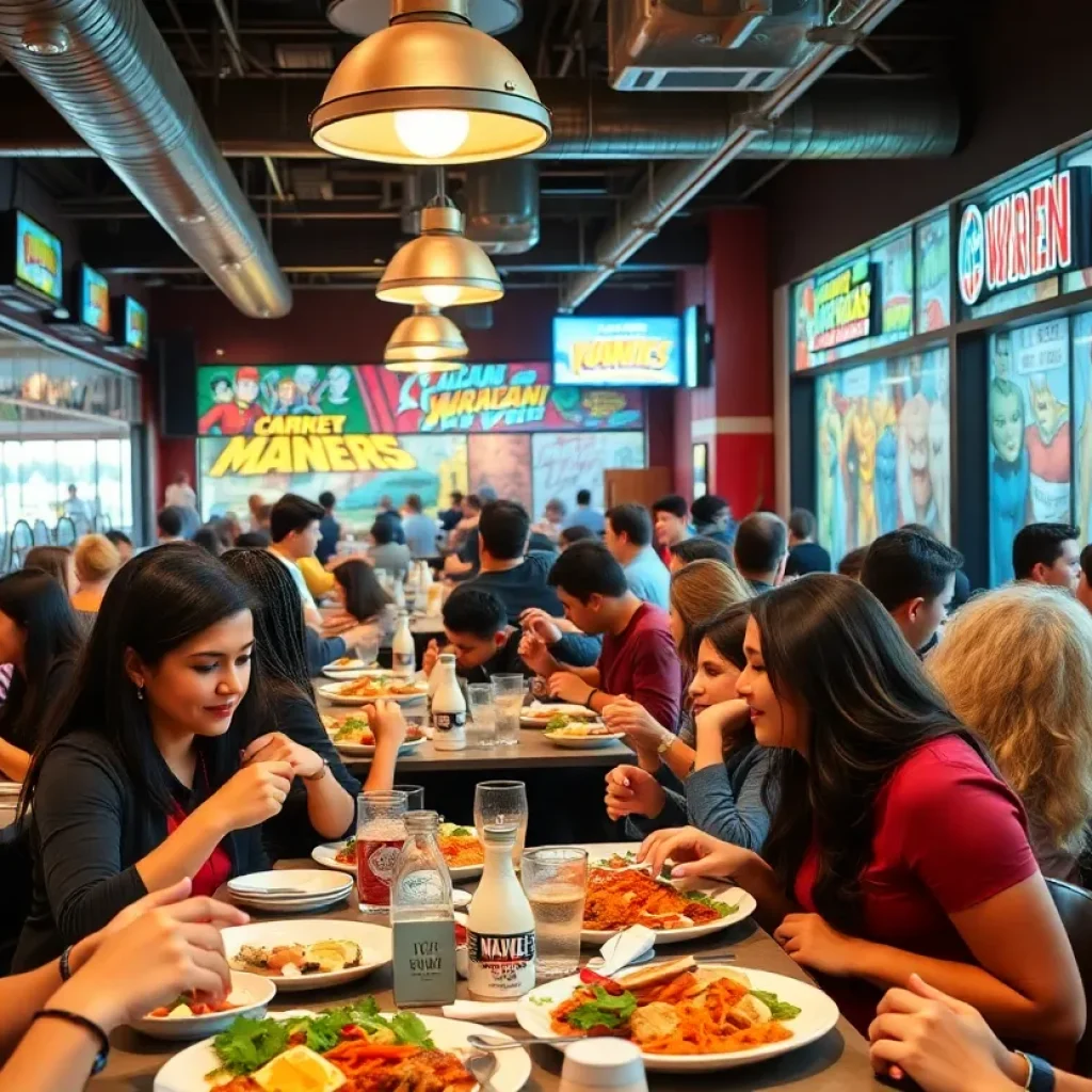 Diverse diners enjoying food at a Comic-Con themed restaurant.