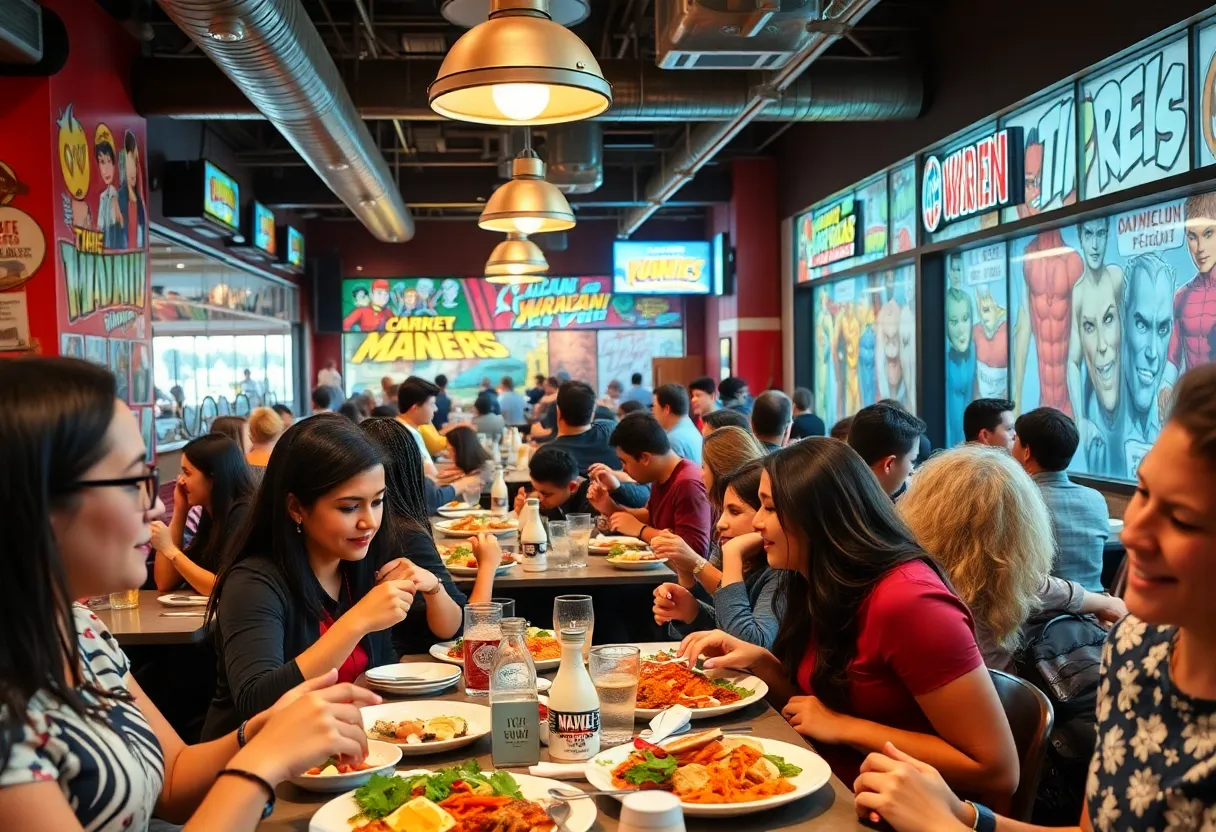 Diverse diners enjoying food at a Comic-Con themed restaurant.