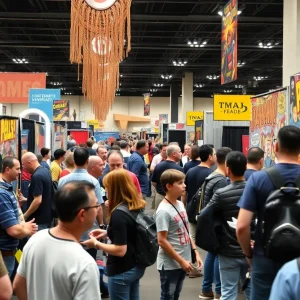 Fans engaging at a comic book convention with colorful booths