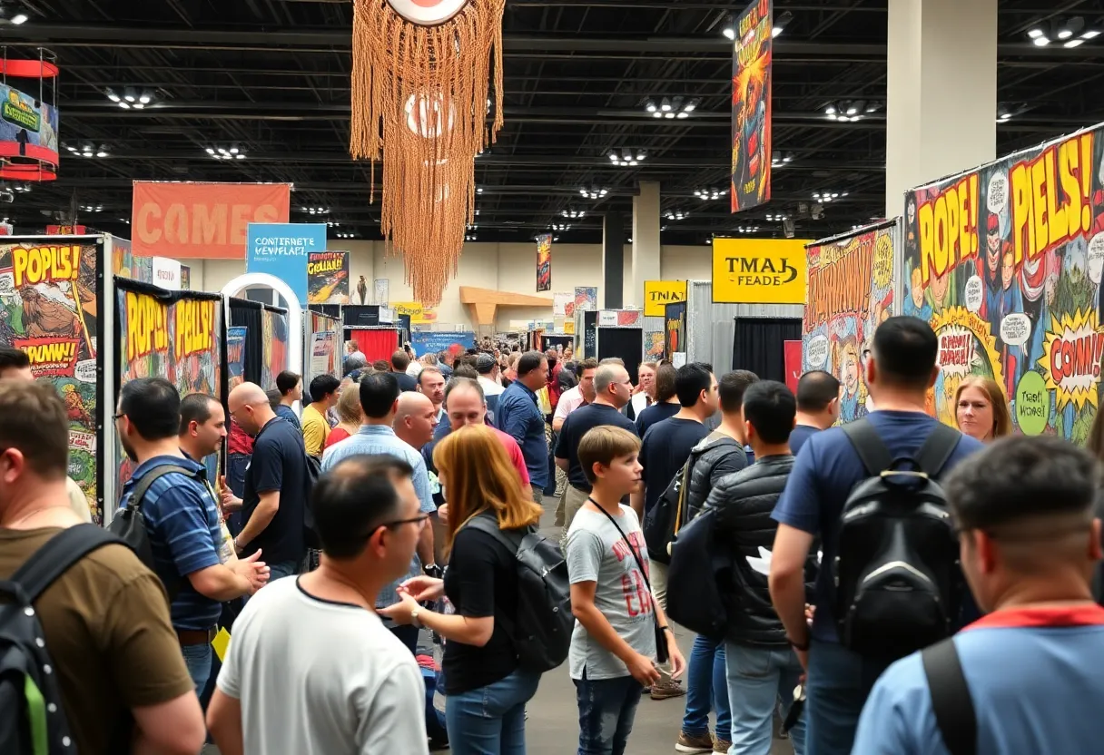 Fans engaging at a comic book convention with colorful booths