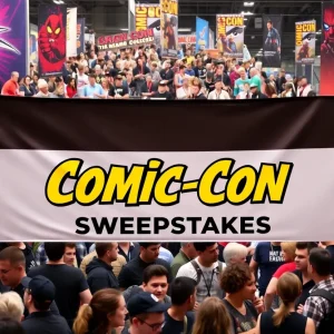 Comic-Con event with fans and colorful banners