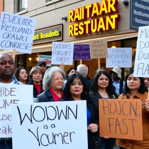 Protesters holding signs in front of Buona Forchetta restaurant