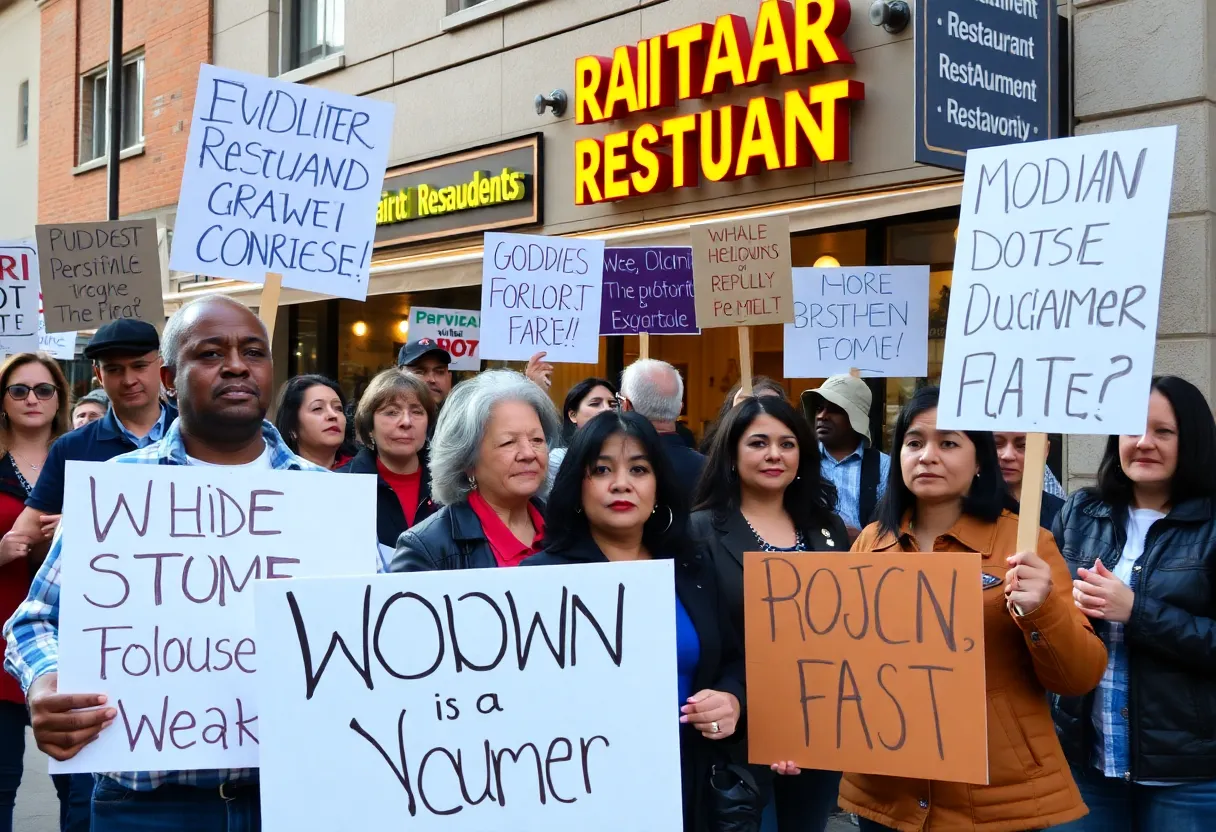 Protesters holding signs in front of Buona Forchetta restaurant