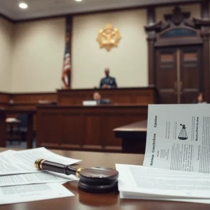 Courtroom with legal documents regarding immigration