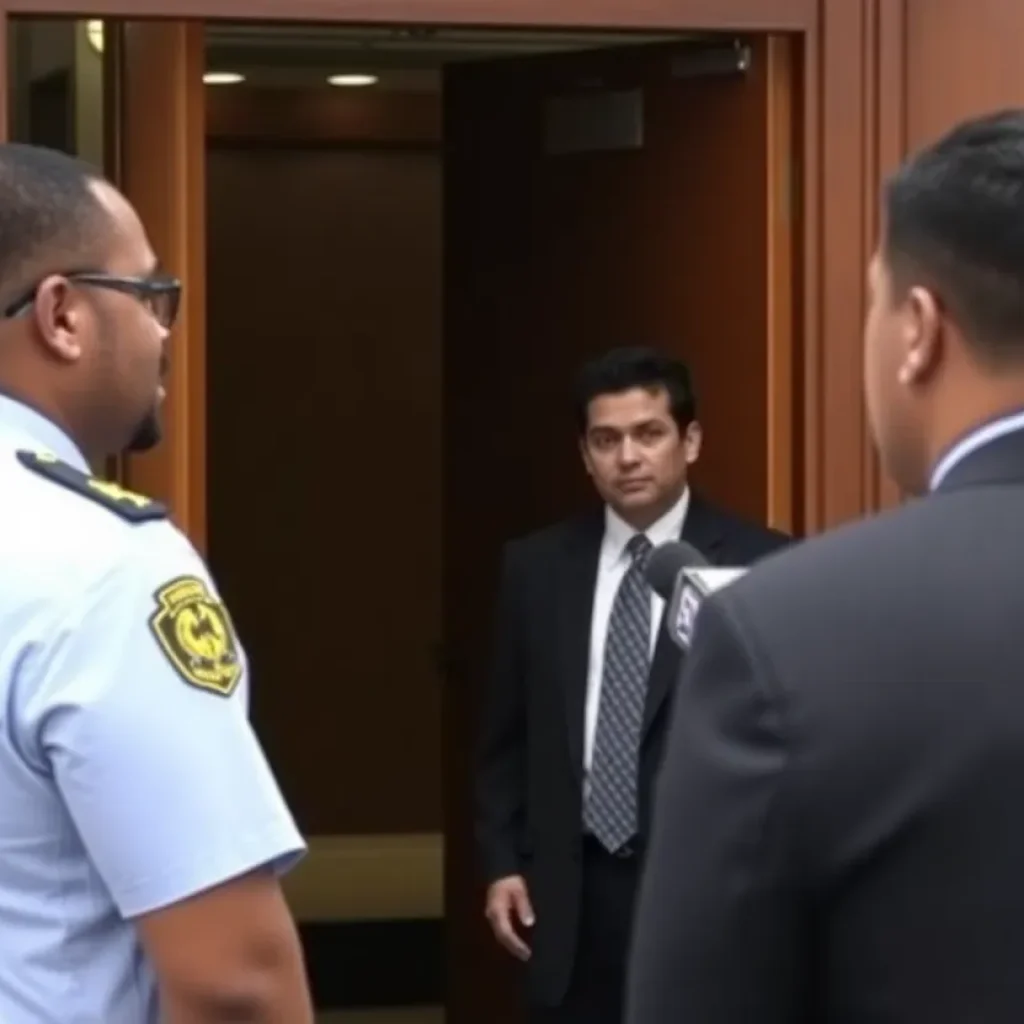 Image of a courtroom scene depicting a juror and legal discussions about a shooting mistrial