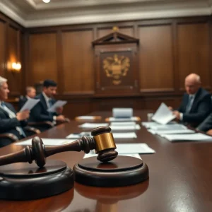 A courtroom during a money laundering case discussion