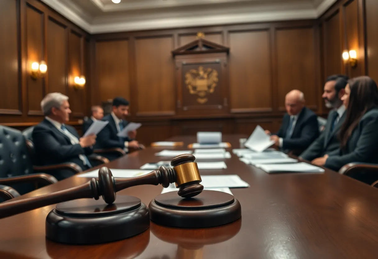 A courtroom during a money laundering case discussion